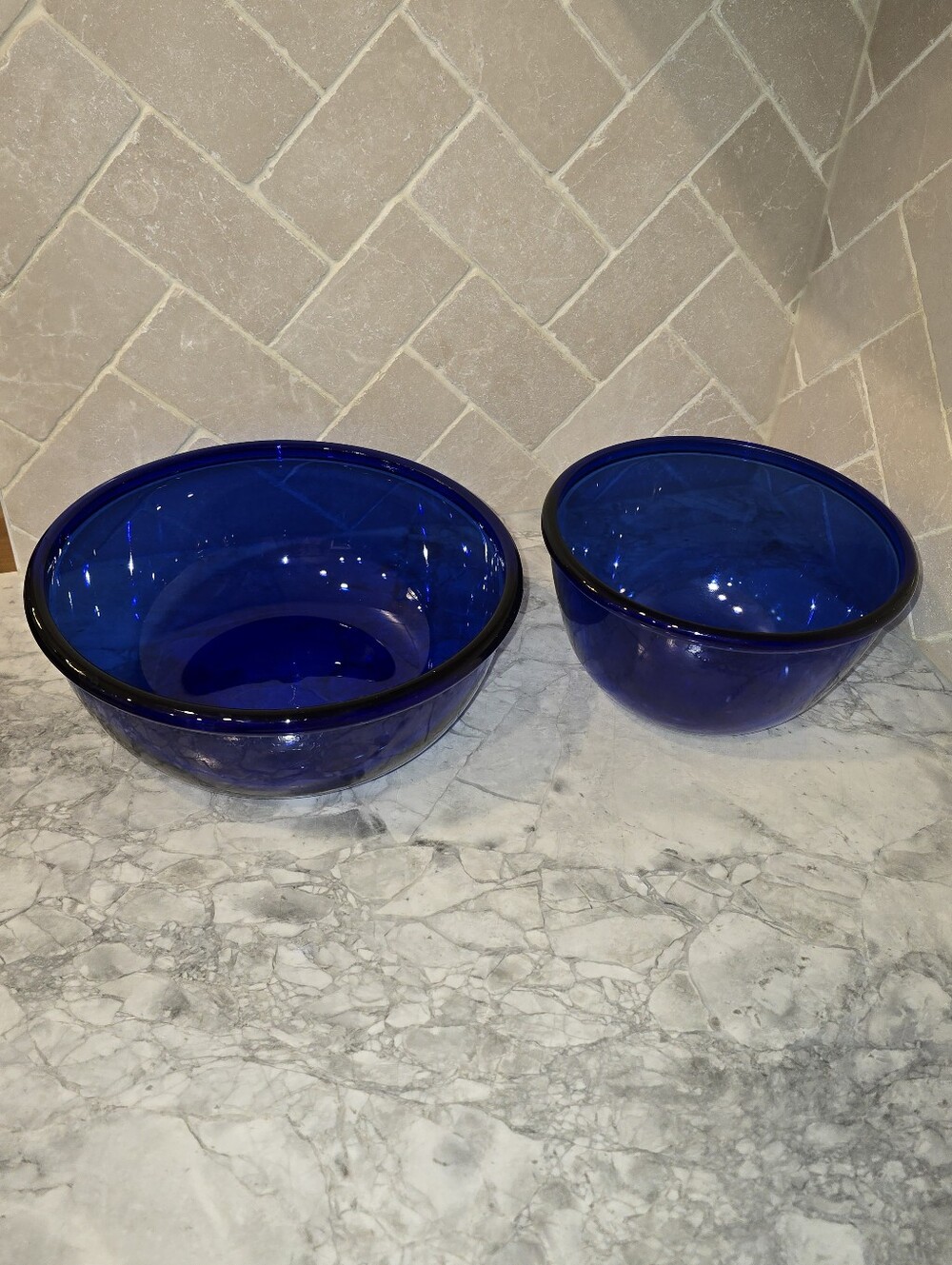 Vintage French Cobalt Blue Glass Mixing Bowls Set of 2 Rolled Rims Coastal
